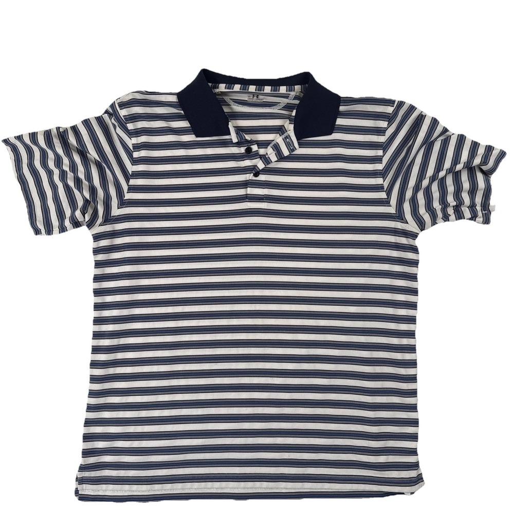 Under Armour Golf Mens XL Blue White Striped Polo Shirt Performance Riverside GC
